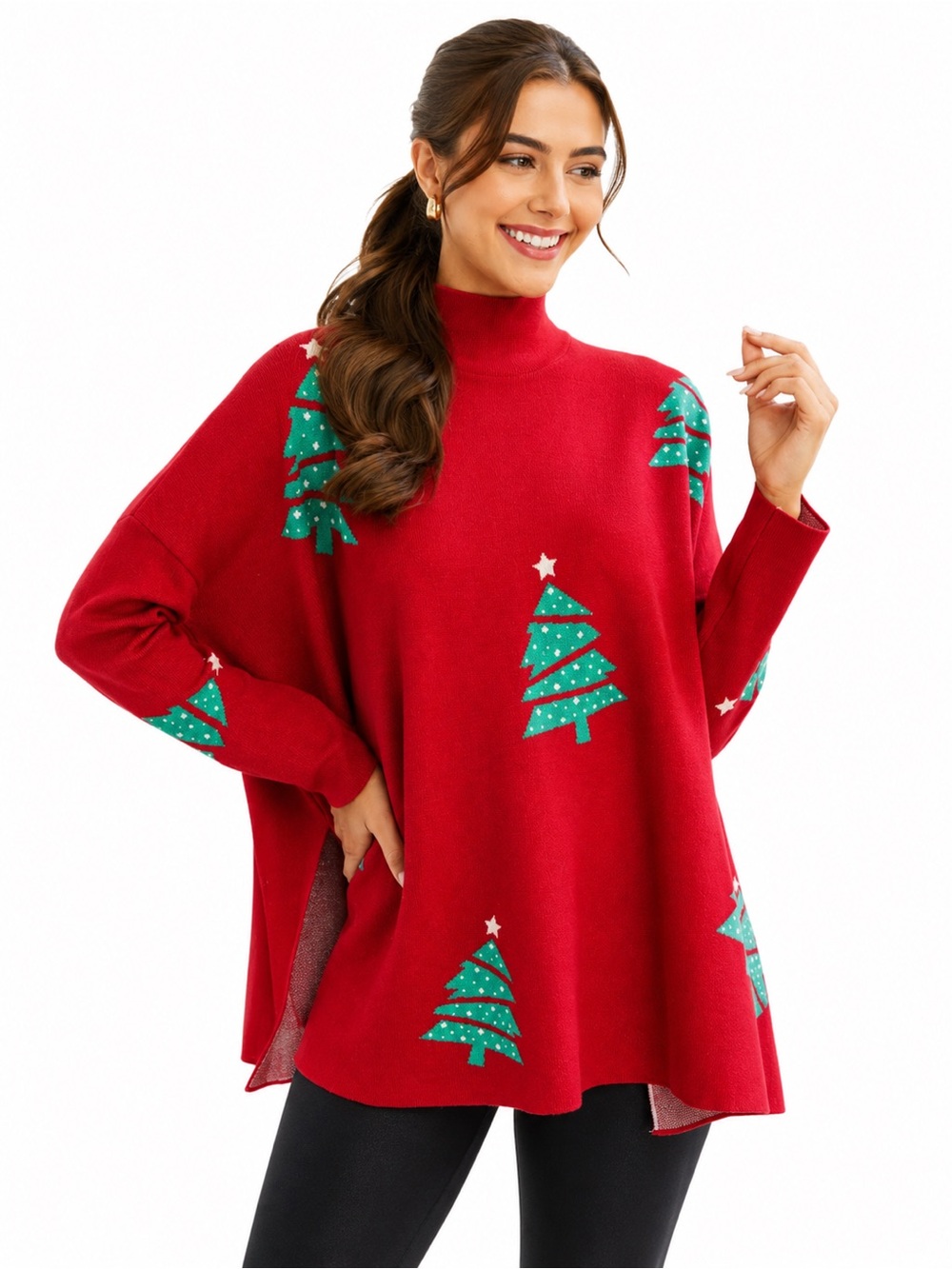 Shop the Mint Size Small Oversized Red Sweater with Christmas Tree Design